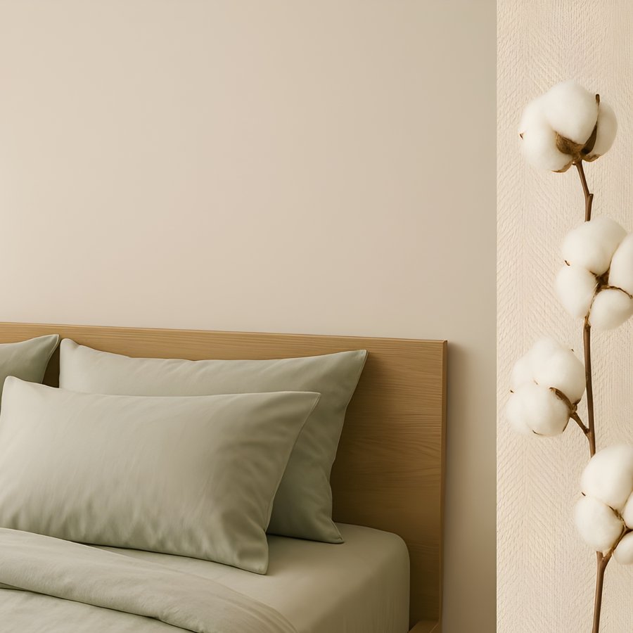 Digitally rendered concept of cotton stems beside a bed in natural hues.